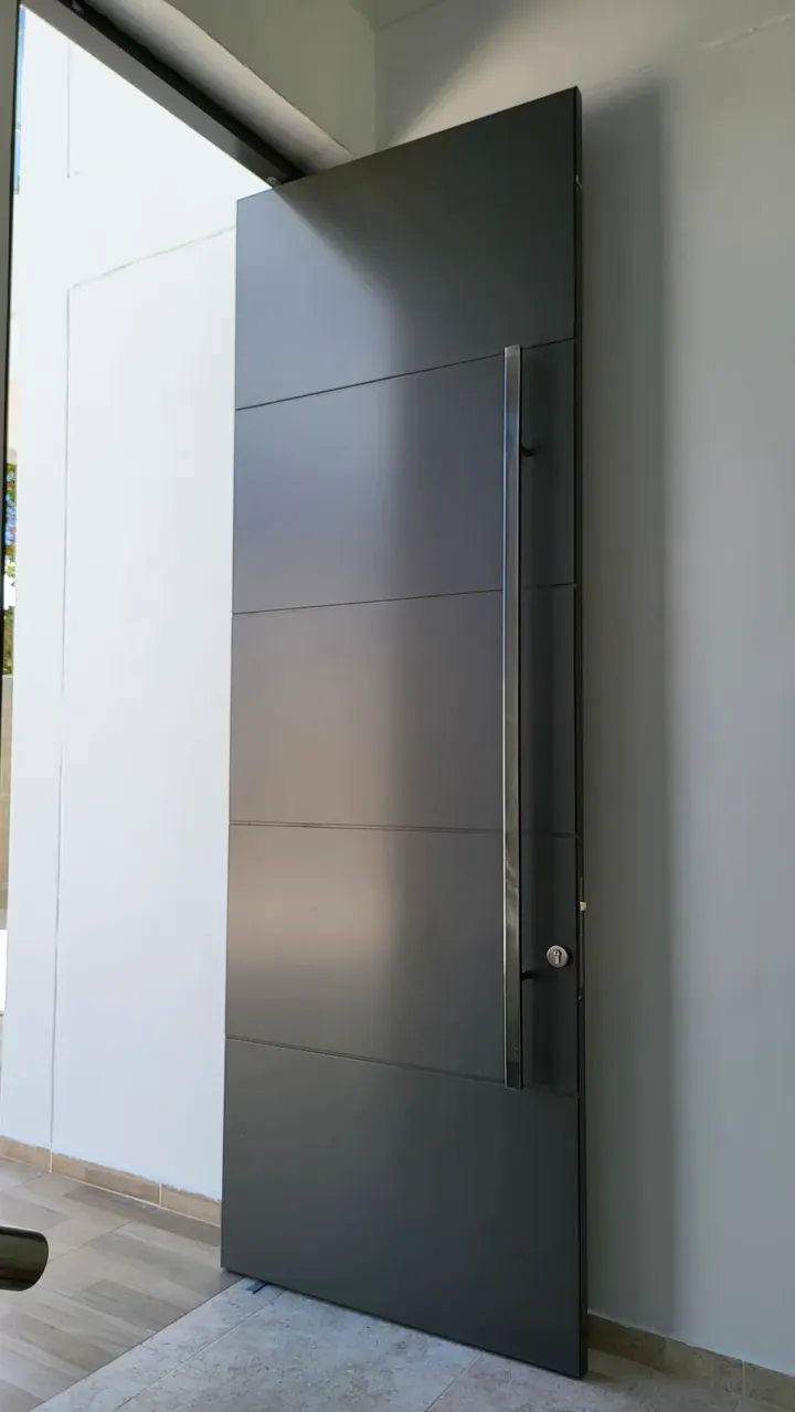 Puerta de ACM gris con tirador vertical, vista de frente desde el interior