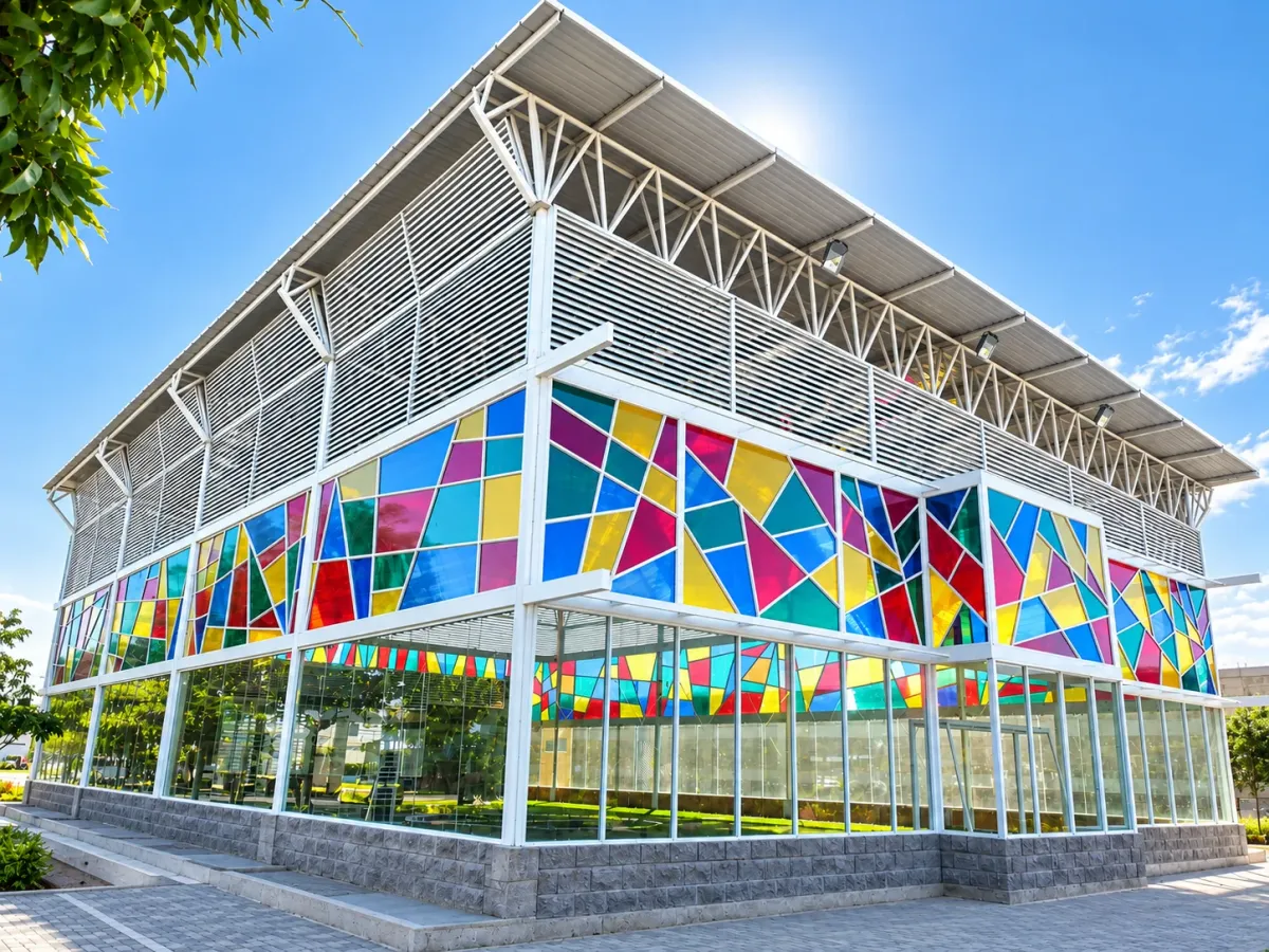 Fachada del Estadio Federico Serrano Soto al atardecer, con cubierta de policarbonato alveolar de colores sobre estructura metálica