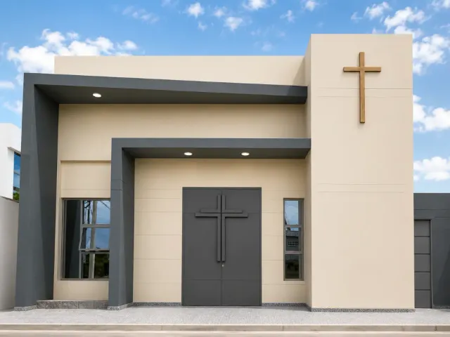 Fachada de capilla en vidrio y aluminio